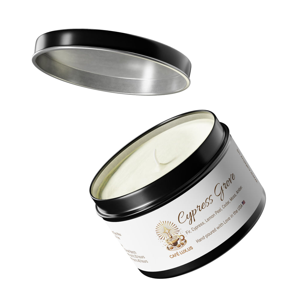 
                      
                        Café Lux Travel Tin Scented Candle Cypress Grove  (4oz | 8oz).
                      
                    