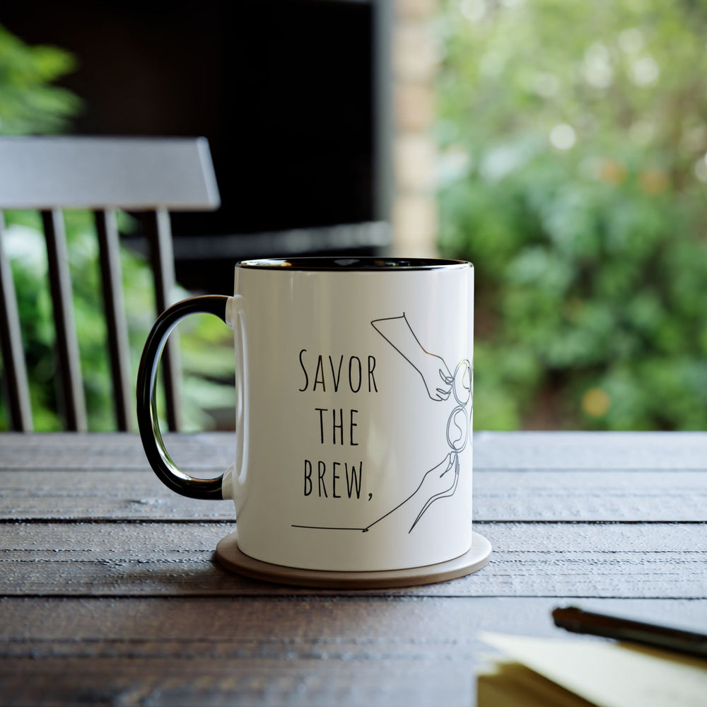 
                      
                        Café Lux- "Savor the brew, cherish the Company"-Two -Tone Coffee Mugs, 11oz
                      
                    