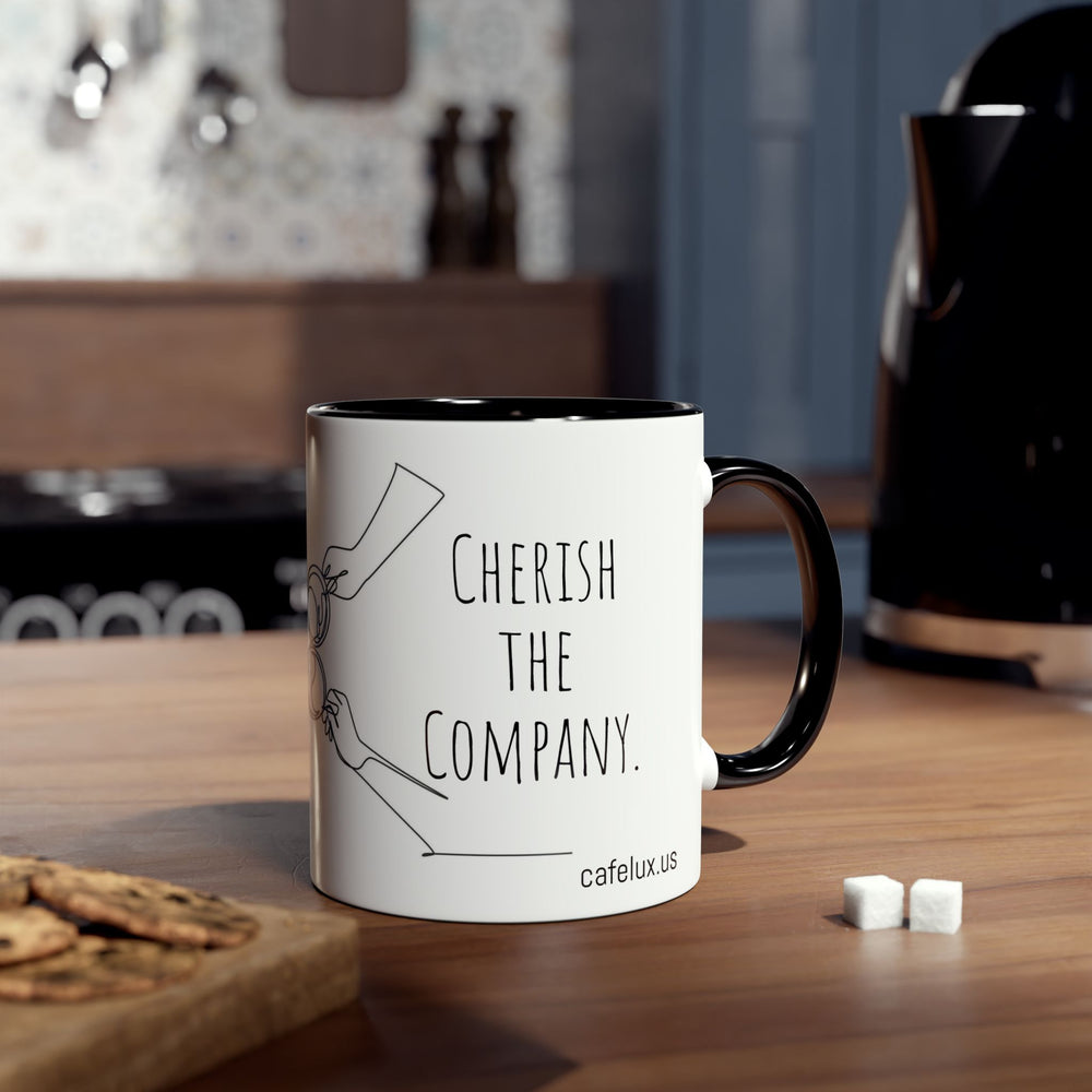 
                      
                        Café Lux- "Savor the brew, cherish the Company"-Two -Tone Coffee Mugs, 11oz
                      
                    