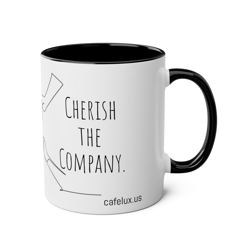 
                      
                        Café Lux- "Savor the brew, cherish the Company"-Two -Tone Coffee Mugs, 11oz
                      
                    