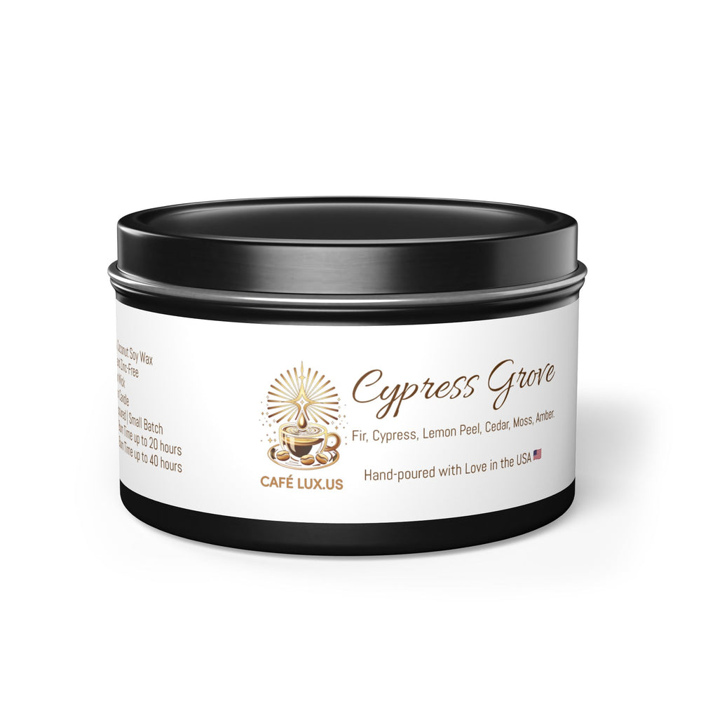 
                      
                        Café Lux Travel Tin Scented Candle Cypress Grove  (4oz | 8oz).
                      
                    