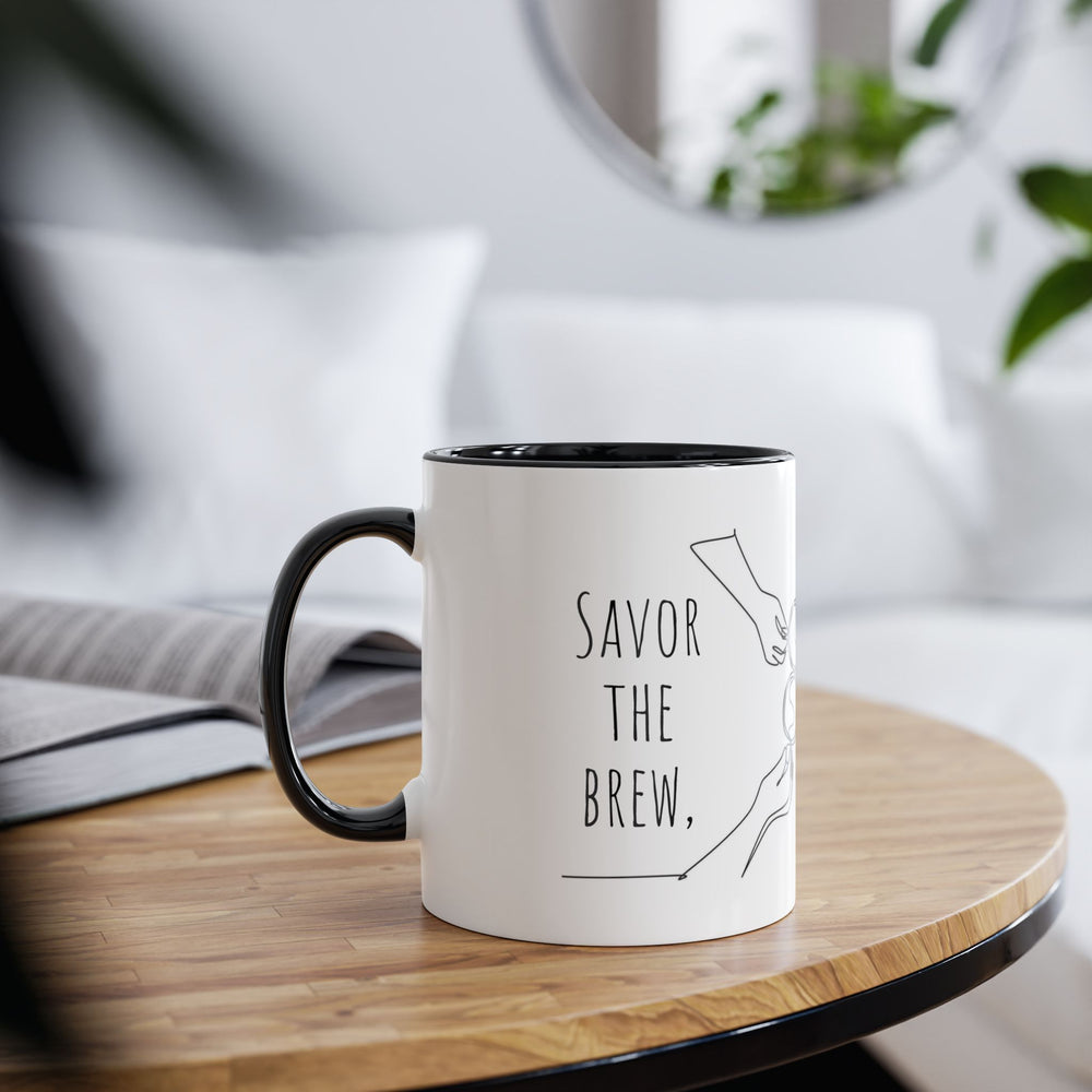 
                      
                        Café Lux- "Savor the brew, cherish the Company"-Two -Tone Coffee Mugs, 11oz
                      
                    